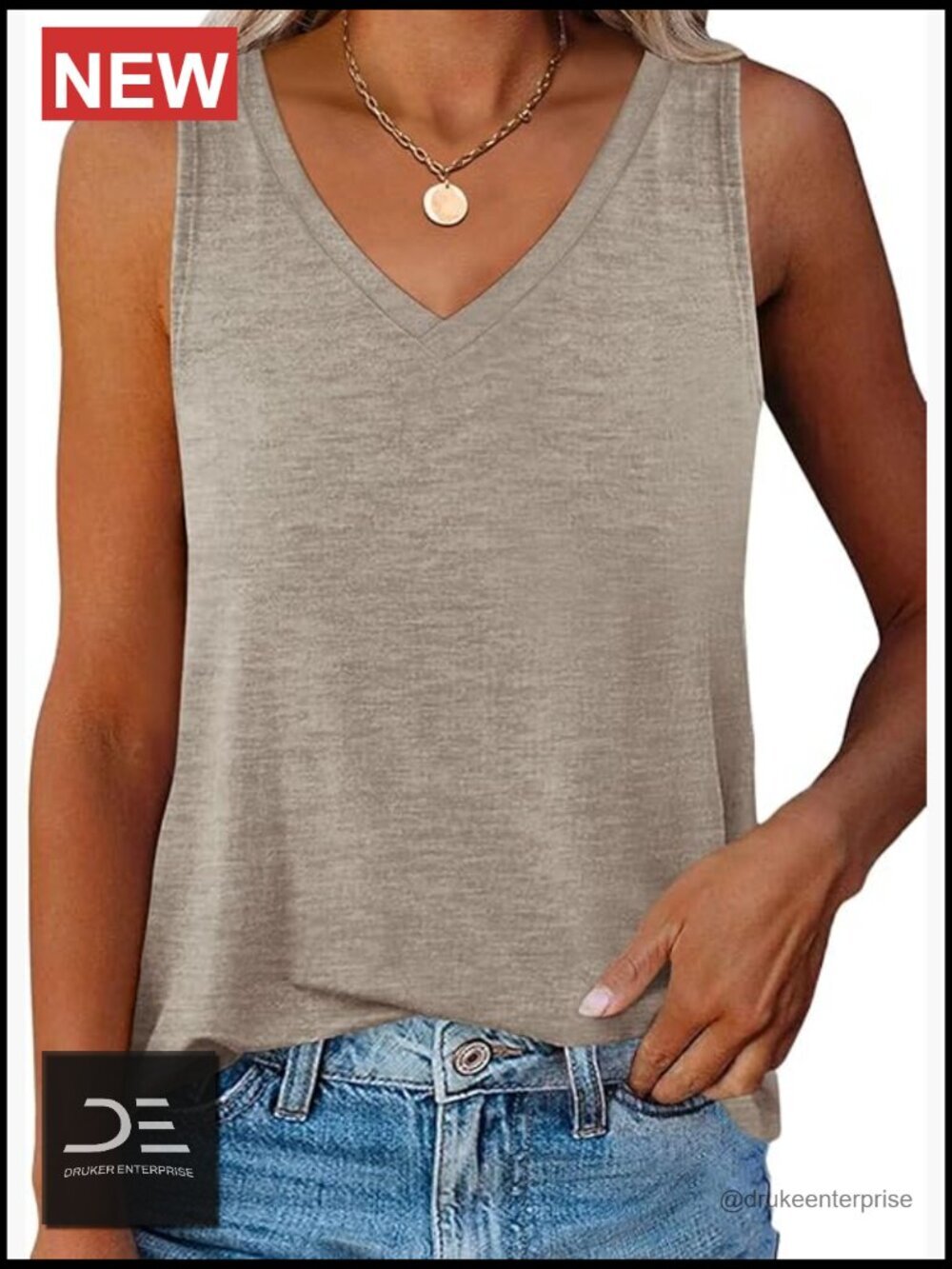 V Neck Tank Top Summer Casual Curved Hem Sleeveless Loose Fit
